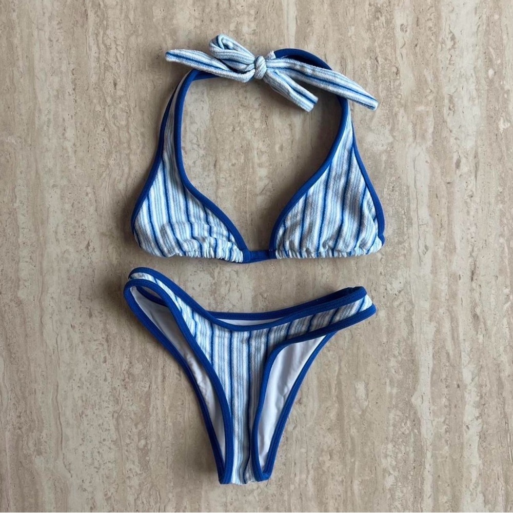 Djerf Avenue Blue & White Striped Triangle Bikini